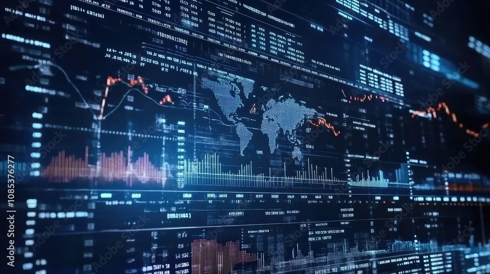Poster abstract digital data visualization with global map and financial charts. futuristic technology conc