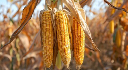 Close up of a bunch of fresh and orange color corn hanging on a rope, many beautiful corn kernels and an indication of being ready to harvest. Popular as one of the main crops of agricultural land.