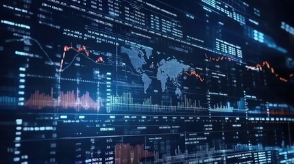 Abstract digital data visualization with global map and financial charts. Futuristic technology concept with blue and orange color scheme.