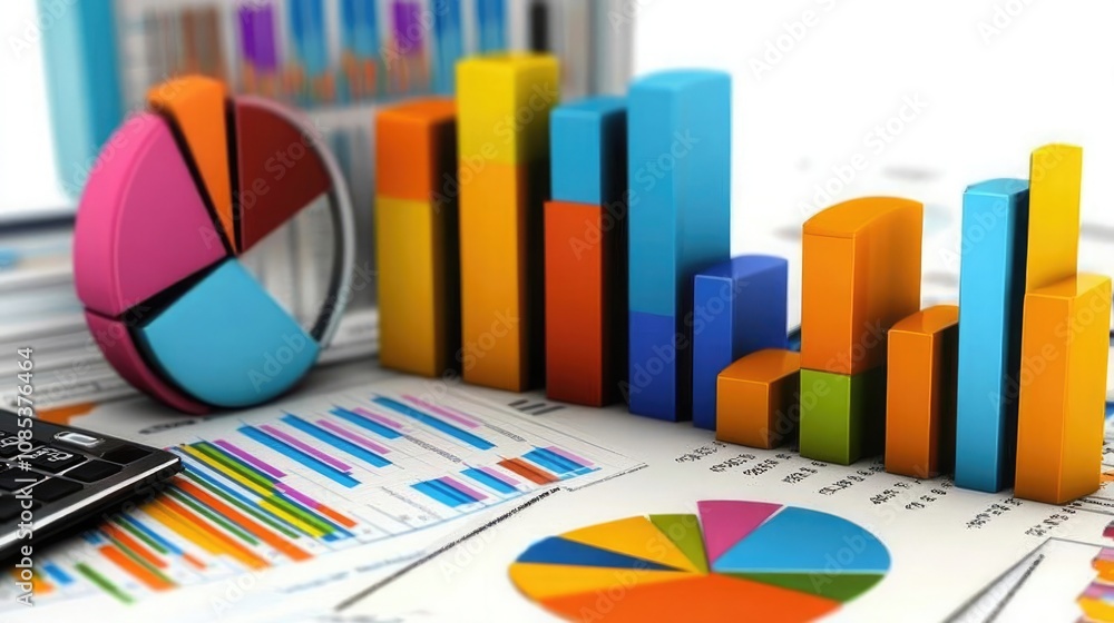 Poster colorful 3d bar and pie charts rest on financial documents. a data-driven image representing busines
