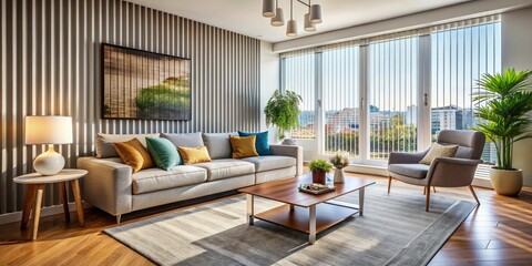 Fototapeta premium Bright and Airy Modern Living Room with Natural Light, Vertical Blinds, and Spacious Layout for Daytime Relaxation and Aesthetic Appeal
