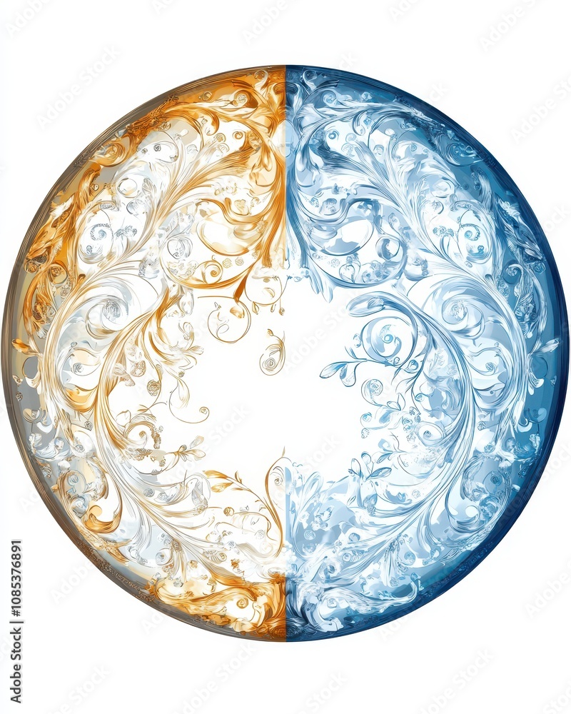 Poster hemispherical vector illustration featuring two interconnecting halves with intricate designs, set a