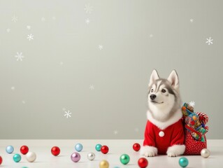 A joyful Husky in Christmas attire is surrounded by colorful ornaments and festive gifts