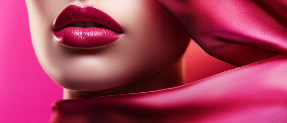 Obraz premium Closeup of Womans Lips with Vibrant Pink Lipstick and Silk Scarf