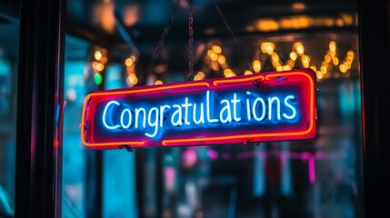 A neon sign with the word "Congratulations" in blue and pink.