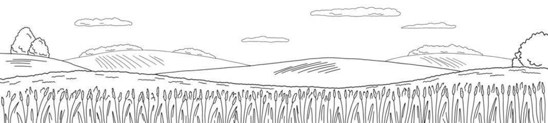 Field graphic black white landscape long sketch illustration vector 