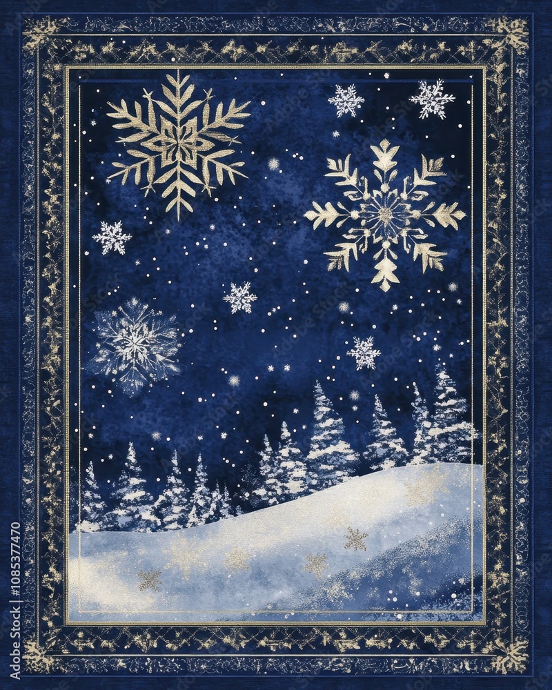 Poster design with large and small snowflakes and a beautiful winter look featuring a snowy border backgrou