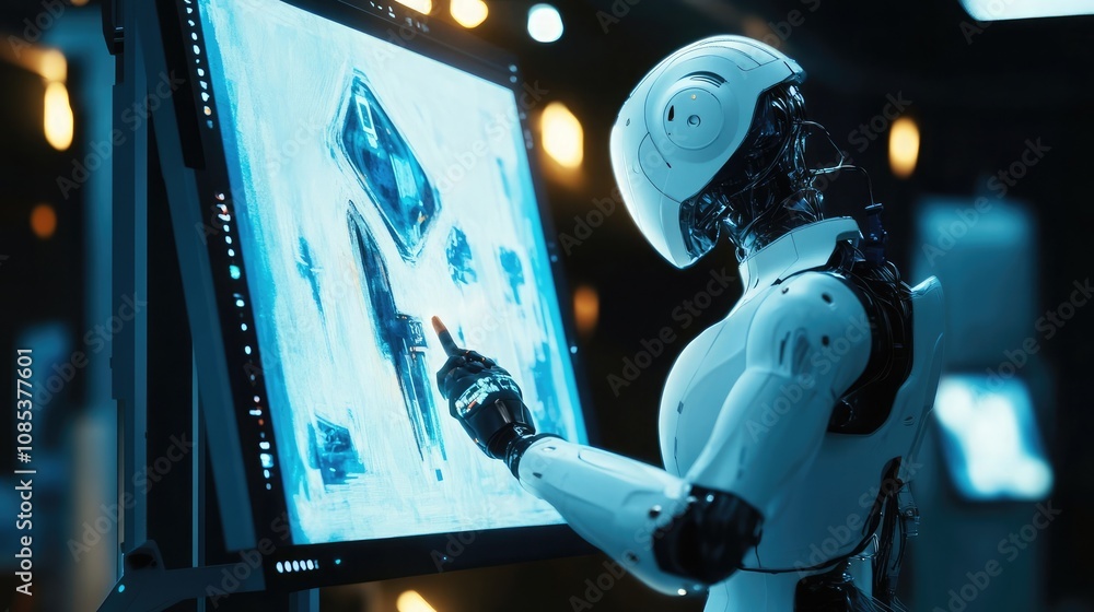 Poster a futuristic robot interacts with a large touchscreen display, showcasing a technological design pro