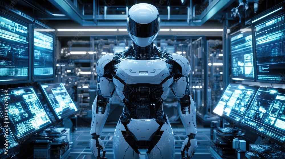 Poster a futuristic humanoid robot stands in a high-tech control room, surrounded by glowing computer scree