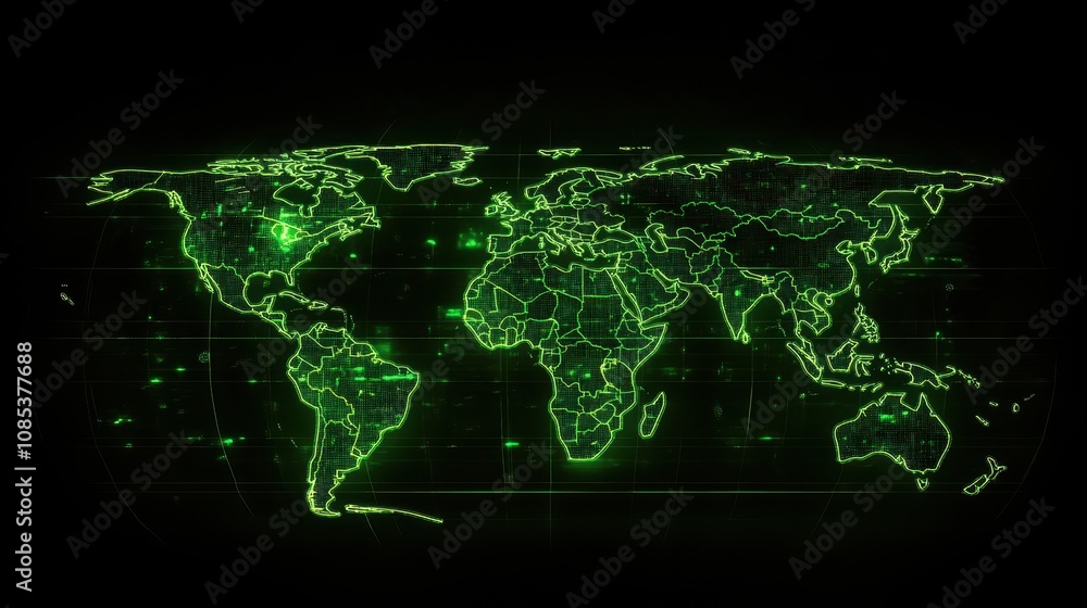 Poster an outline of the globe is created using glowing green lines, creating a futuristic world map