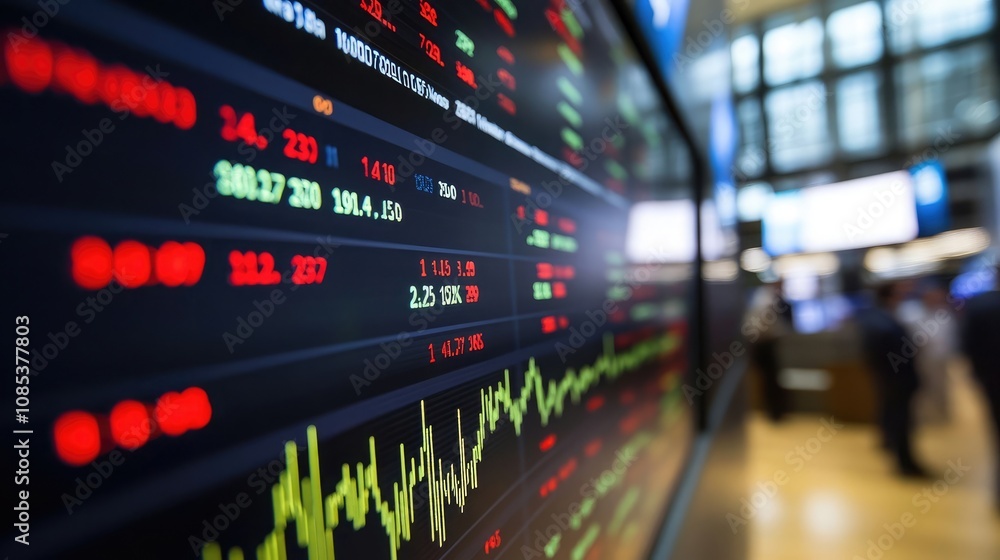 Poster close-up view of a stock ticker displaying fluctuating numbers and graphs in red and green, set agai