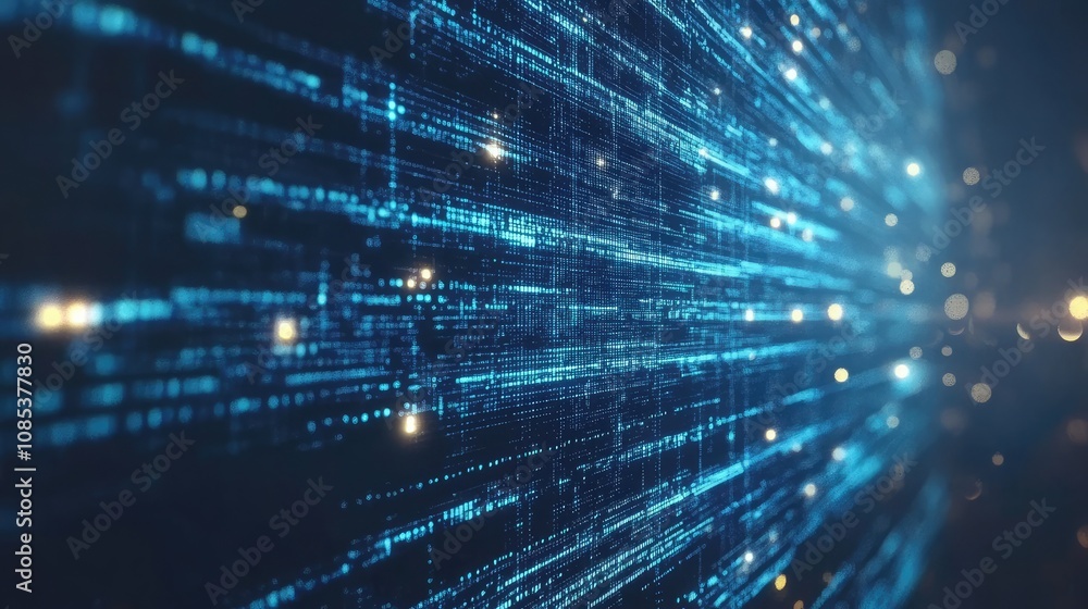 Poster abstract digital data stream. flowing lines of blue code create a dynamic, futuristic image.
