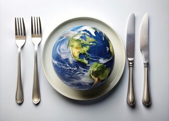 Vertical Shot of Earth with Fork and Knife on White Background Symbolizing World Hunger Awareness and the Urgent Need to Feed the Planet's Population