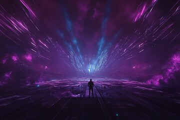 Fototapeta premium Futuristic concert scene, high-angle perspective, captivating light projections blending with innovative technologies, lively atmosphere