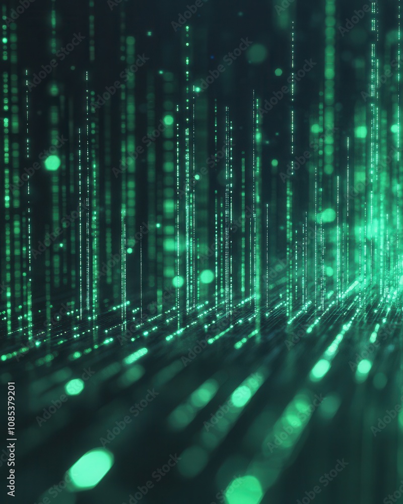 Poster green laser rays in abstract dark space for background, light lines of digital data. concept of virt