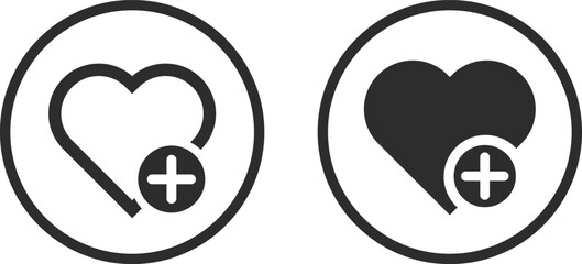 Set of add to wishlist icon. Love with plus symbol. Favorite product concept
