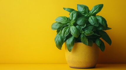 Basil Plant on Yellow Background: A vibrant green basil plant in a yellow pot, set against a bright yellow background, captures the essence of freshness and vitality.