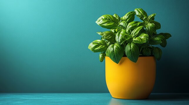 Fototapeta Fresh Basil in a Yellow Pot: A vibrant, lush basil plant thrives in a cheerful yellow pot against a soothing teal background. Perfect for culinary, gardening, and home decor themes.