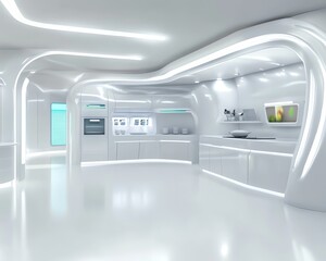 Futuristic minimalist kitchen design. Sleek white appliances and curved walls create a modern, clean aesthetic. Ideal for technology, architecture, and home design concepts.