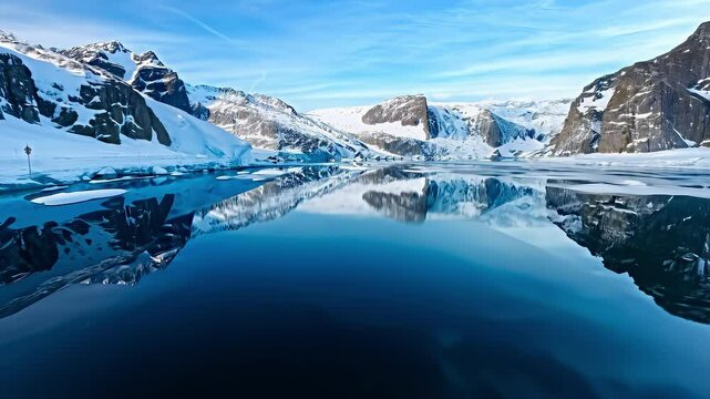 Ice floes drift across a glacial lake, their reflections shimmering in the water. Snow capped mountains rise in the distance under a bright blue sky