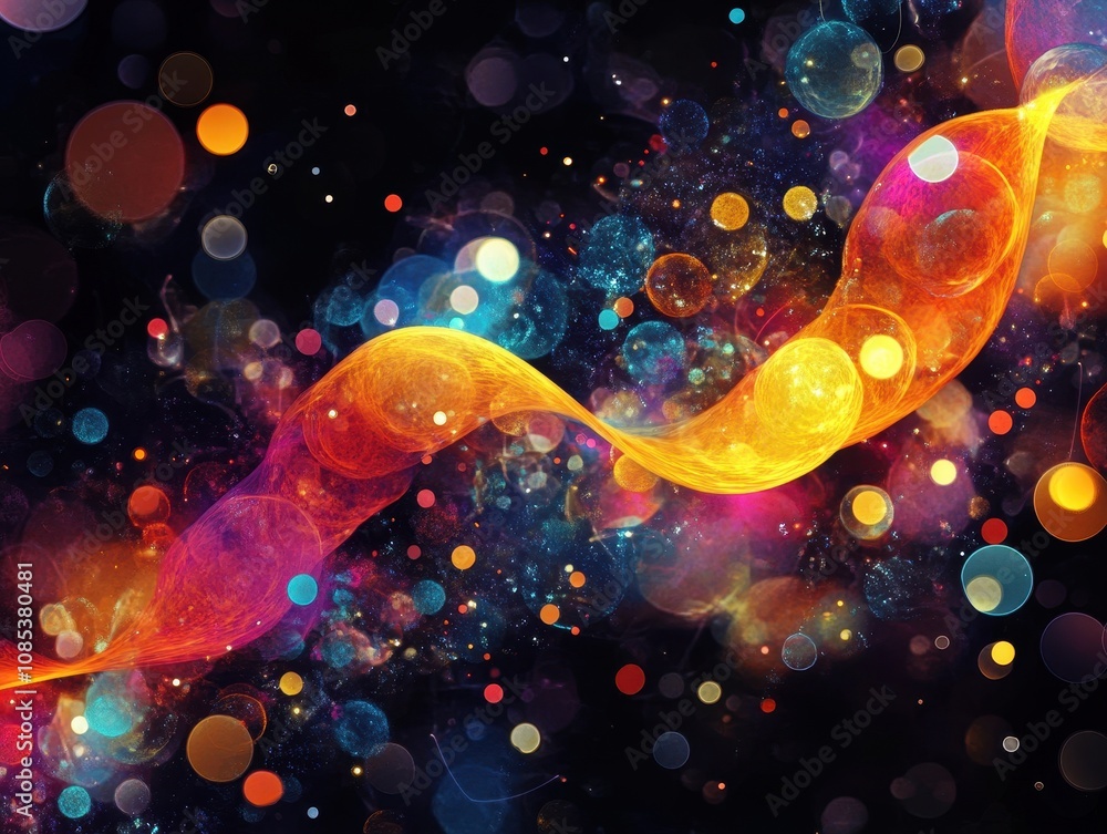 Poster abstract visualization of dna strands with vibrant colors and modern design on a dark background.