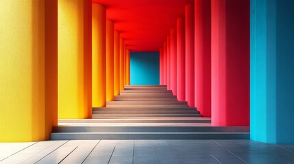 Fototapeta premium Vibrant Pathway to Success: A captivating image of a colorful, architectural hallway with vibrant columns and a receding staircase, symbolizing growth, opportunity, and the journey towards success. 