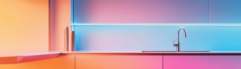 Obraz premium Modern kitchen backsplash with colorful LED lighting and minimalist faucet. Clean lines and vibrant hues create a stylish design.