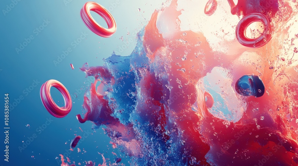 Aufkleber abstract composition of circular elements and liquid paint. abstract scene of various colliding obje
