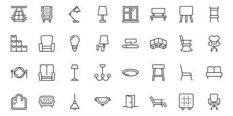 Furniture flat line icons set. Kitchen, bedroom, sofa table, bookcase closet, chair, mattress, lamps, ladder vector illustrations