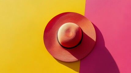 Red Fedora on Colorful Background: A red fedora sits atop a vibrant yellow and pink background, casting a dramatic shadow that adds depth and dimension to the minimalist composition.