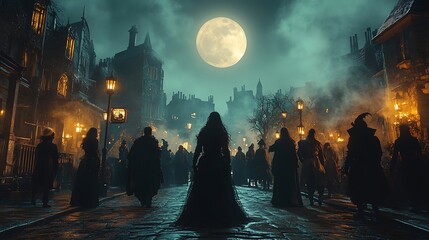 A crowd of people in hooded cloaks walks through a street lit by lanterns under a full moon.
