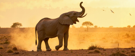 African elephant trumpeting at sunset on dusty savanna plain