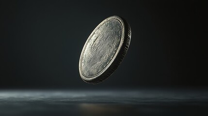 Spinning coin captured mid-air against dark background.