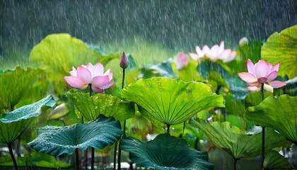 lotus flower plants with green leaves in pond under the rain