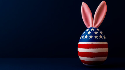 An Easter egg painted with the American flag design, featuring red and white stripes and white stars on a blue field, positioned at the right edge against a dark blue background.