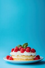 Delicious sponge cake topped with raspberry and vanilla cream, elegantly displayed on a white plate against a vibrant blue background