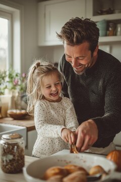 A single father preparing breakfast with his young daughter in a bright kitchen,