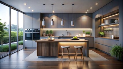 Fototapeta premium Elegant Minimalist Kitchen Design with Subtle Lighting and Sleek Aesthetics for Modern Living Spaces, Emphasizing Clean Lines, Open Layouts, and Timeless Style in Surreal Photography