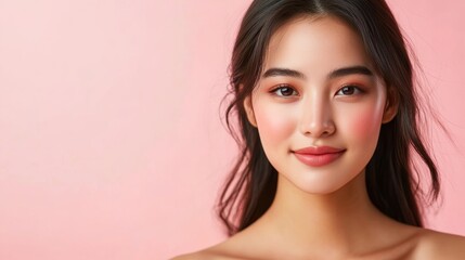 Naklejka premium An Asian woman poses with impeccable skin against a pastel pink backdrop, reflecting skincare excellence and elegance in a commercial context.