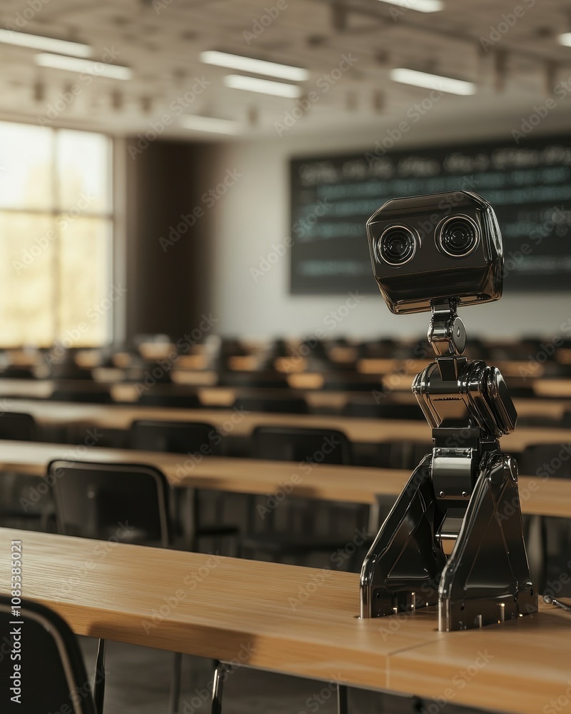 Poster an empty defocused university class. robotics powered by stock. business conference room. school roo