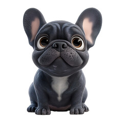 Cute black and white cartoon french bulldog puppy. The dog is sitting on a transparent background