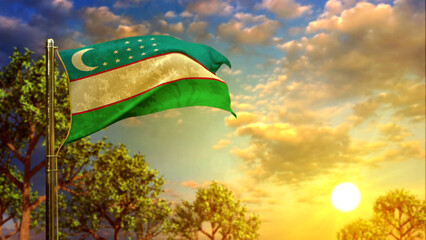 waving flag of Uzbekistan at sunrise for veterans day - abstract 3D illustration