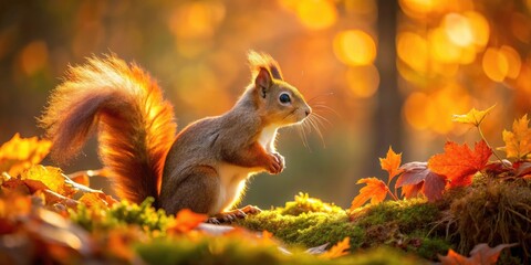 Obraz premium Eurasian Red Squirrel in Autumn Forest - Low Light Photography of Wildlife Amidst Warm Colors and Nature's Beauty