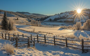 Serene Winter Morning in the Countryside With Sunlight Rising Over a Snowy Landscape