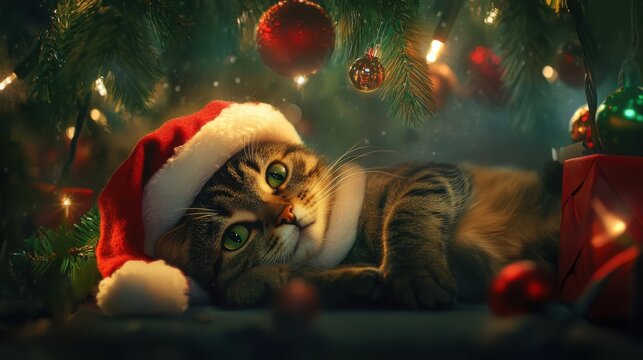 A cute tabby cat wearing a Santa hat lounges under a Christmas tree, surrounded by glowing lights and festive decorations
