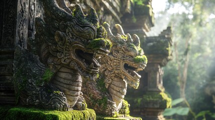 Obraz premium Ancient Stone Dragons Covered in Moss in a Temple Setting