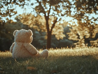 Cute teddy bear sitting on grass in a park, symbolizing innocence and nostalgia