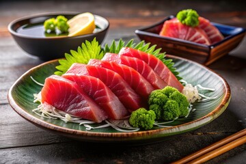 Fresh Raw Tuna Sashimi Slices - Healthy Japanese Cuisine, Delicious Seafood, Gourmet Food Photography, High-Quality Presentation of Sashimi, Elegant Plating, Vibrant Colors, Culinary Art