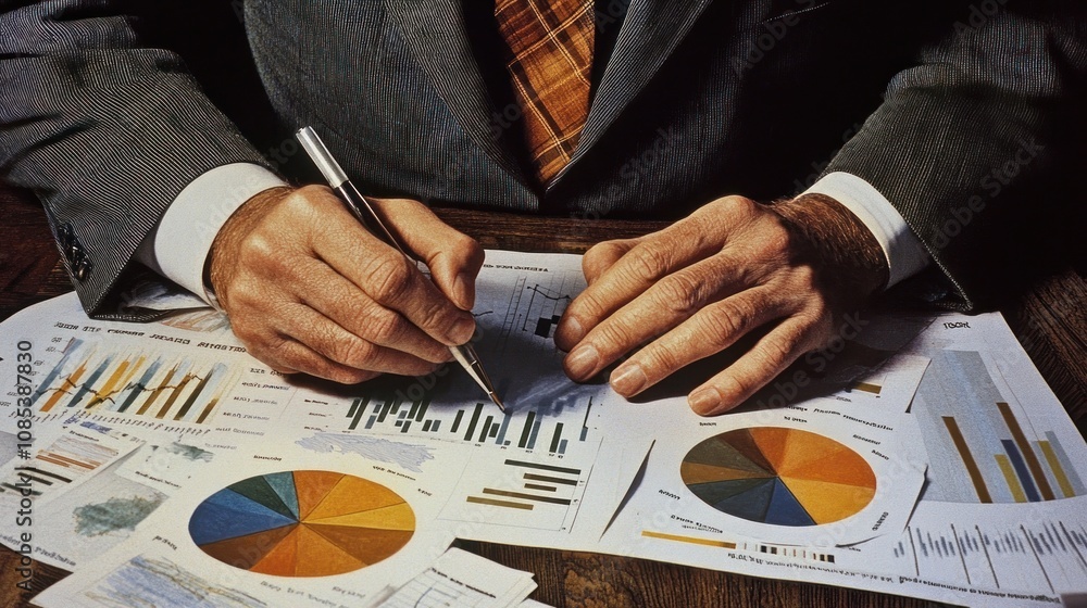 Poster person's hands analyzing various charts and graphs on a desk.