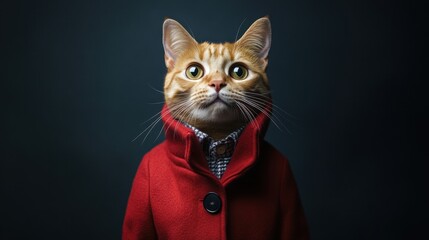 A fashionable ginger cat in a red coat, its face hidden by an abstract square design against a simple dark backdrop
